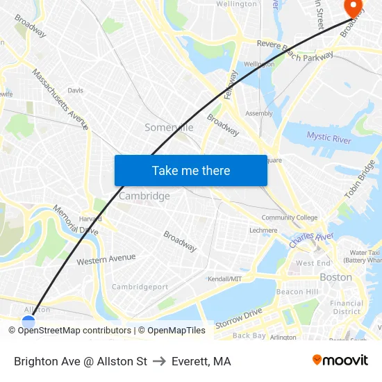 Brighton Ave @ Allston St to Everett, MA map