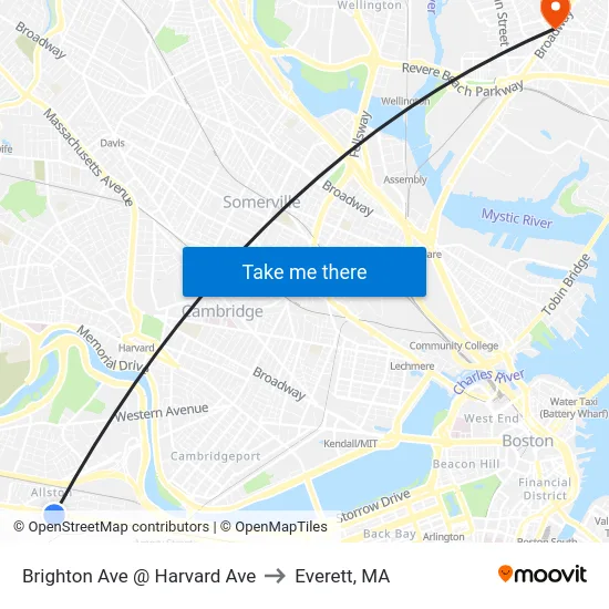 Brighton Ave @ Harvard Ave to Everett, MA map