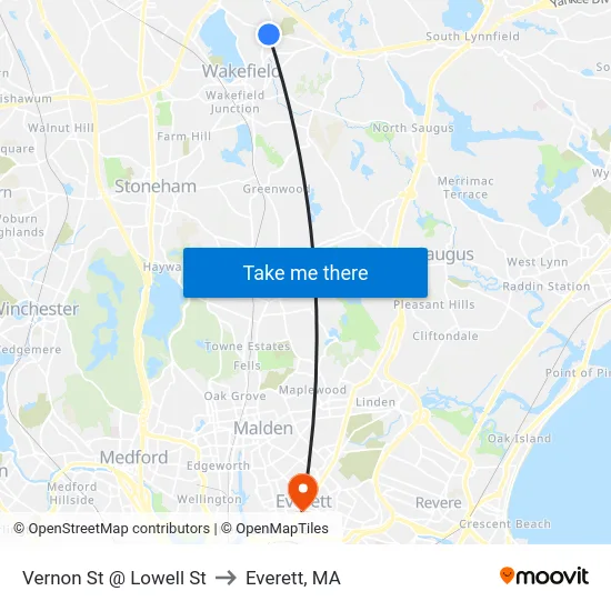 Vernon St @ Lowell St to Everett, MA map