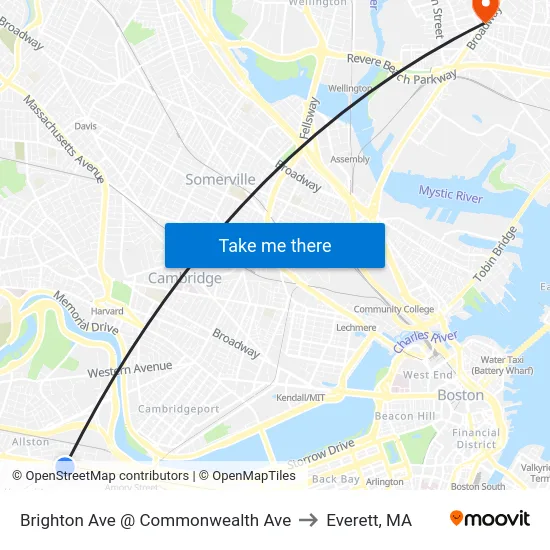 Brighton Ave @ Commonwealth Ave to Everett, MA map