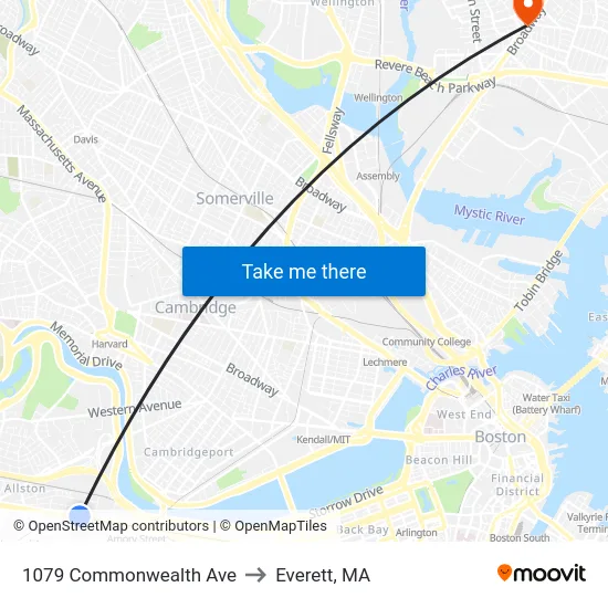 1079 Commonwealth Ave to Everett, MA map