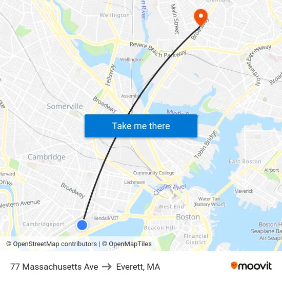 77 Massachusetts Ave to Everett, MA map