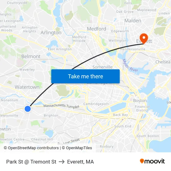 Park St @ Tremont St to Everett, MA map