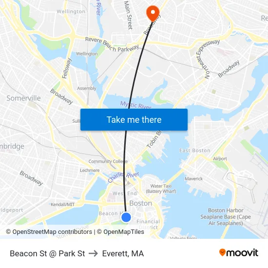 Beacon St @ Park St to Everett, MA map