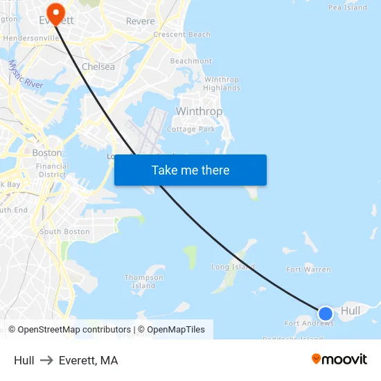 Hull to Everett, MA map