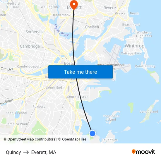 Quincy to Everett, MA map