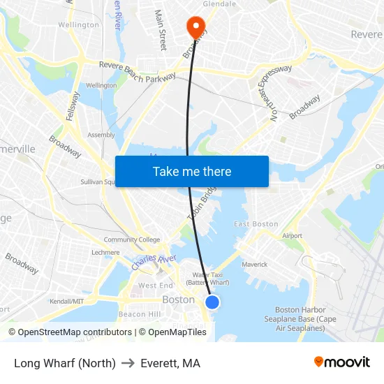Long Wharf (North) to Everett, MA map