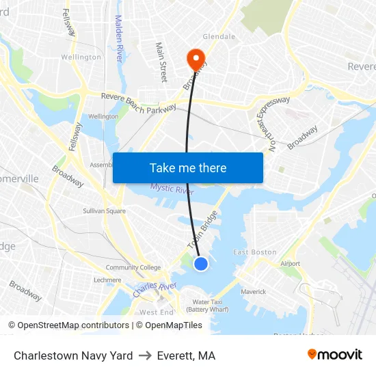 Charlestown Navy Yard to Everett, MA map