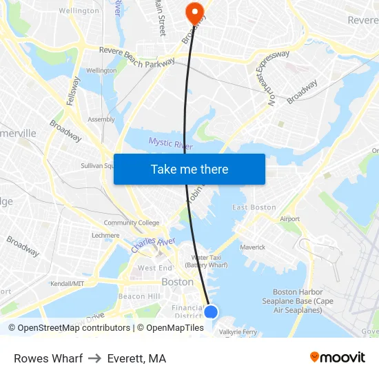 Rowes Wharf to Everett, MA map
