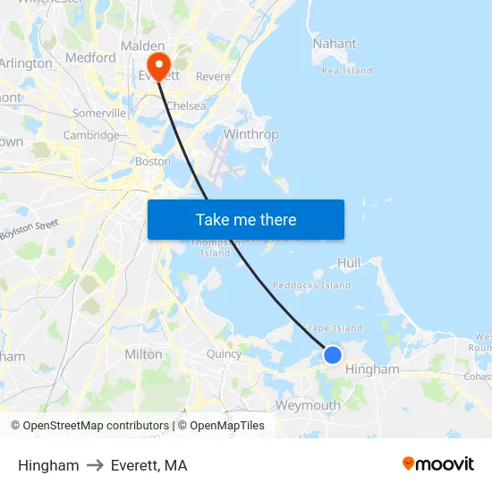 Hingham to Everett, MA map