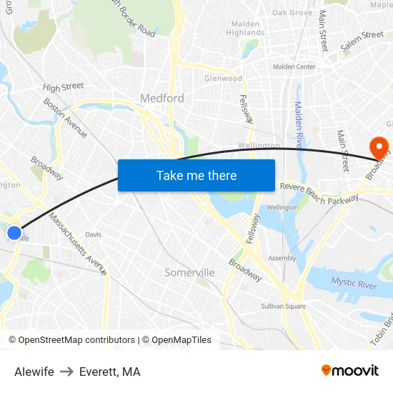 Alewife to Everett, MA map