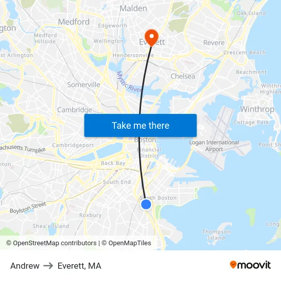 Andrew to Everett, MA map