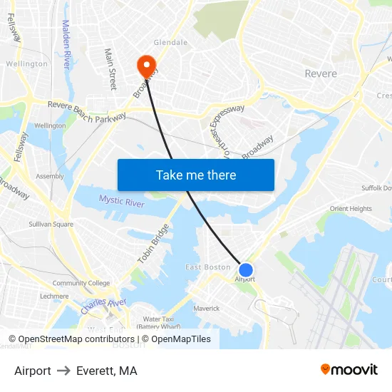 Airport to Everett, MA map