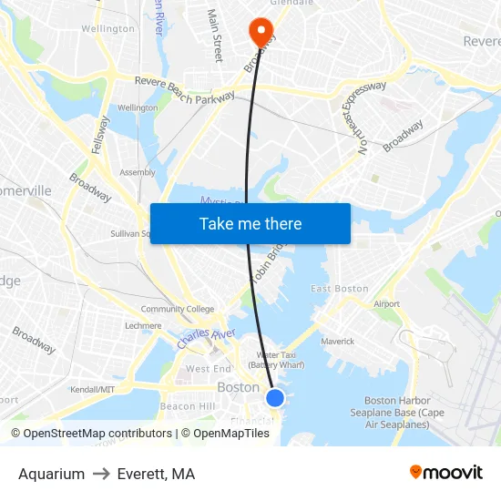 Aquarium to Everett, MA map