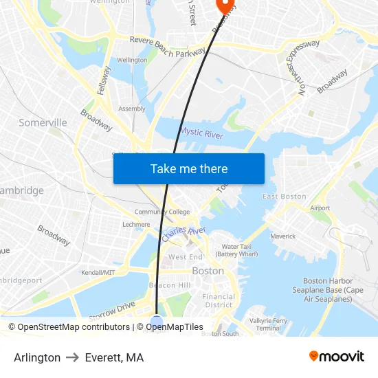 Arlington to Everett, MA map