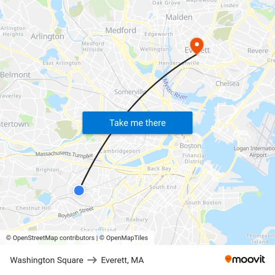 Washington Square to Everett, MA map