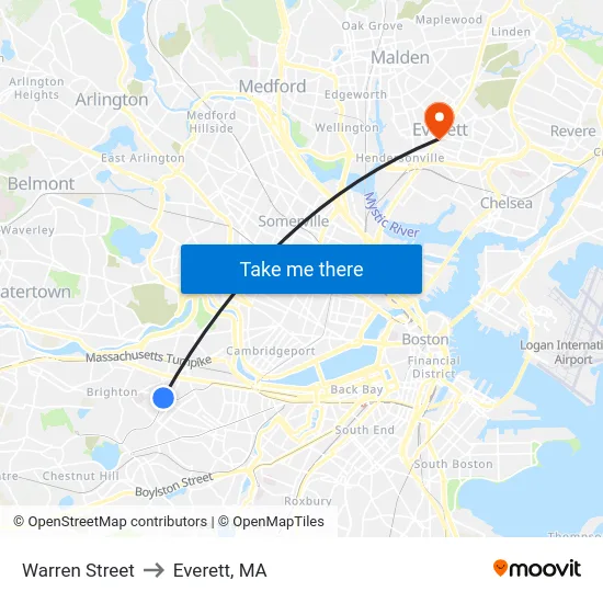 Warren Street to Everett, MA map
