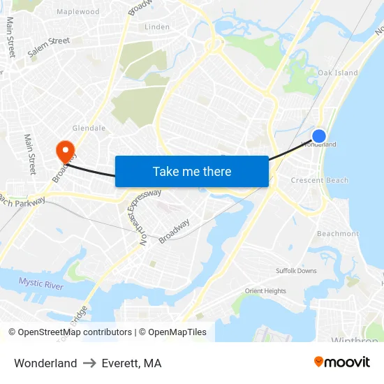 Wonderland to Everett, MA map