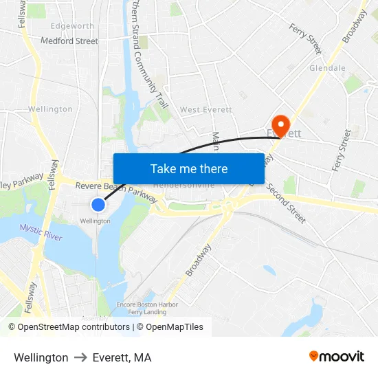 Wellington to Everett, MA map