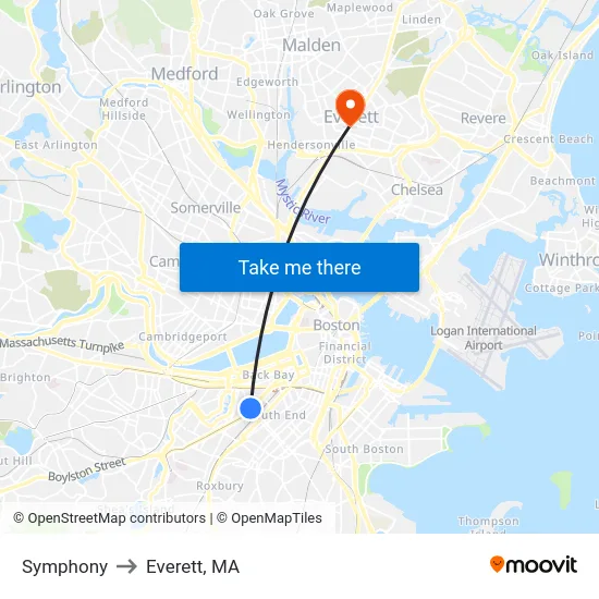 Symphony to Everett, MA map
