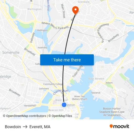 Bowdoin to Everett, MA map