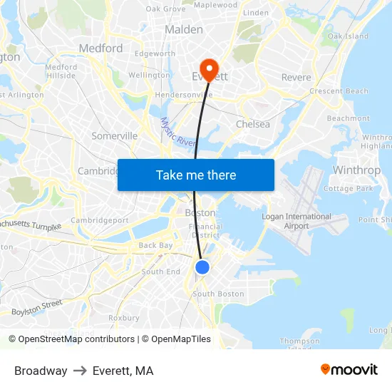 Broadway to Everett, MA map