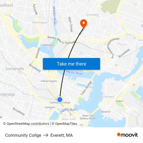 Community Collge to Everett, MA map