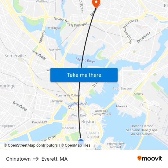 Chinatown to Everett, MA map