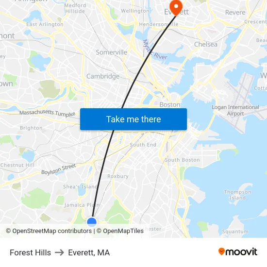 Forest Hills to Everett, MA map