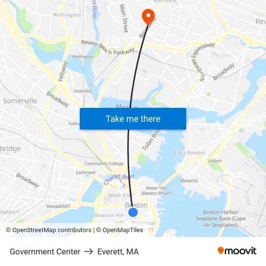 Government Center to Everett, MA map