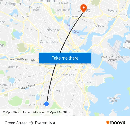 Green Street to Everett, MA map