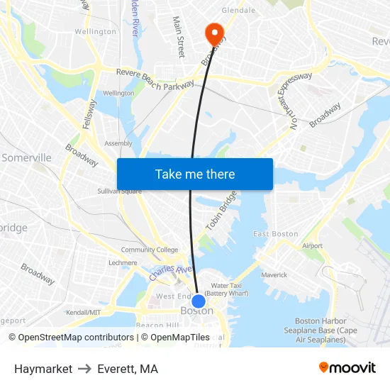 Haymarket to Everett, MA map