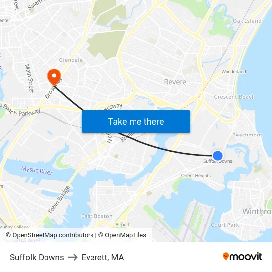 Suffolk Downs to Everett, MA map
