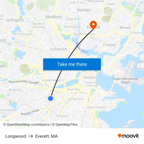 Longwood to Everett, MA map