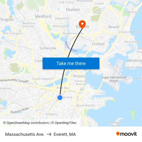 Massachusetts Ave. to Everett, MA map