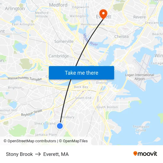 Stony Brook to Everett, MA map