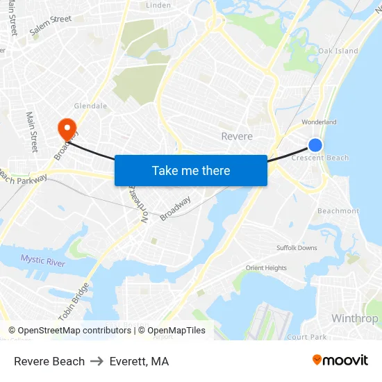 Revere Beach to Everett, MA map