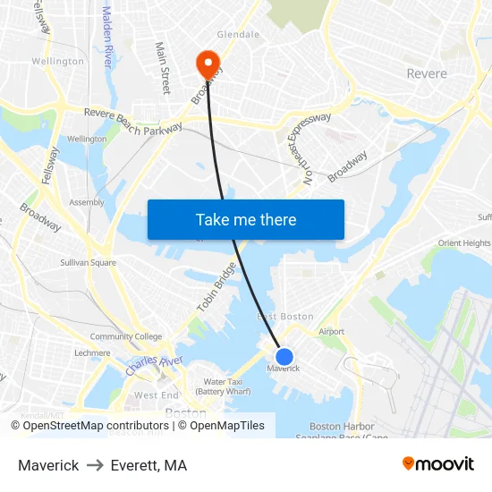 Maverick to Everett, MA map