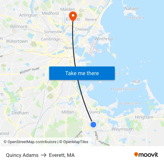 Quincy Adams to Everett, MA map