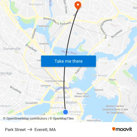 Park Street to Everett, MA map