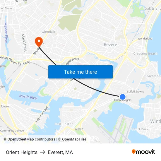 Orient Heights to Everett, MA map