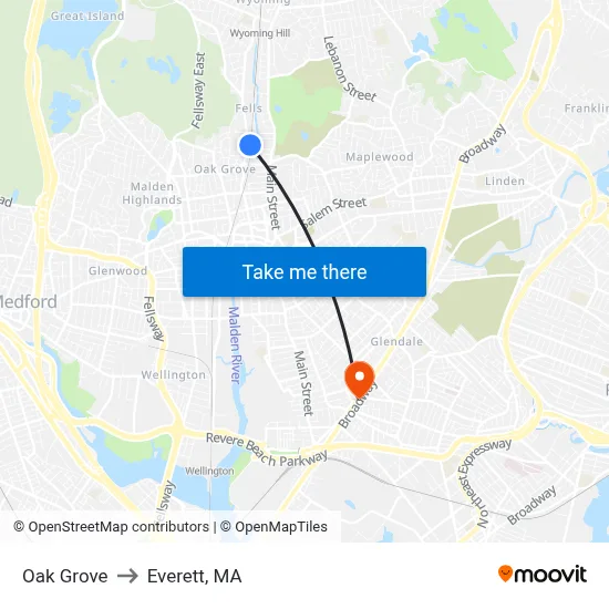 Oak Grove to Everett, MA map