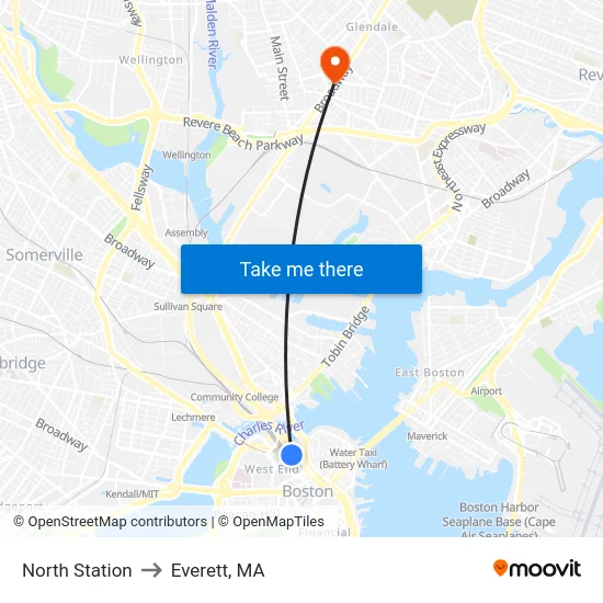 North Station to Everett, MA map