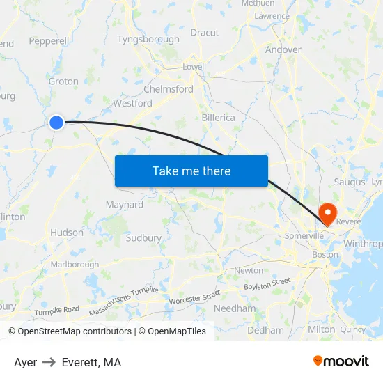 Ayer to Everett, MA map