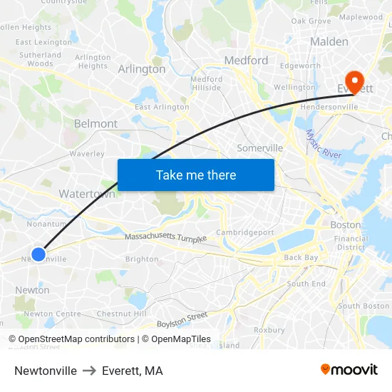 Newtonville to Everett, MA map