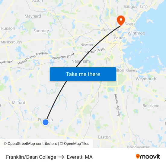 Franklin/Dean College to Everett, MA map