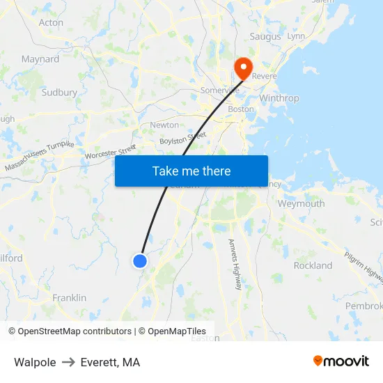 Walpole to Everett, MA map