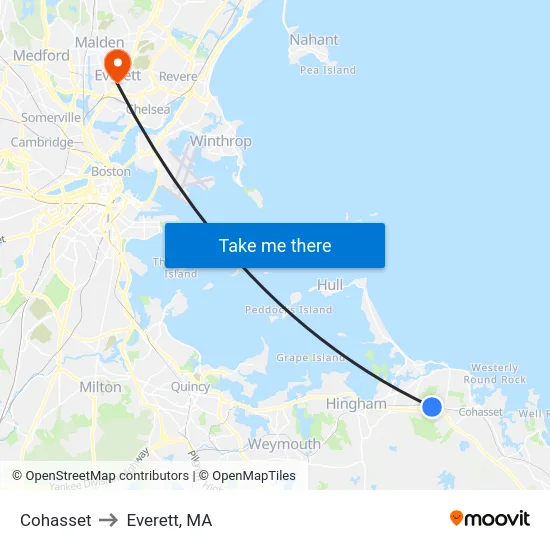 Cohasset to Everett, MA map