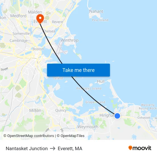 Nantasket Junction to Everett, MA map