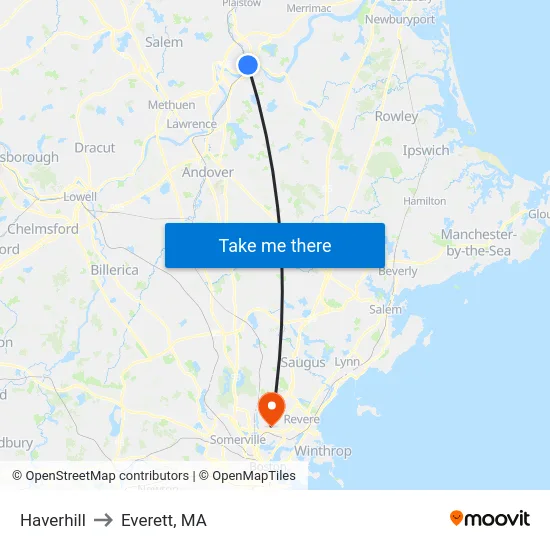 Haverhill to Everett, MA map